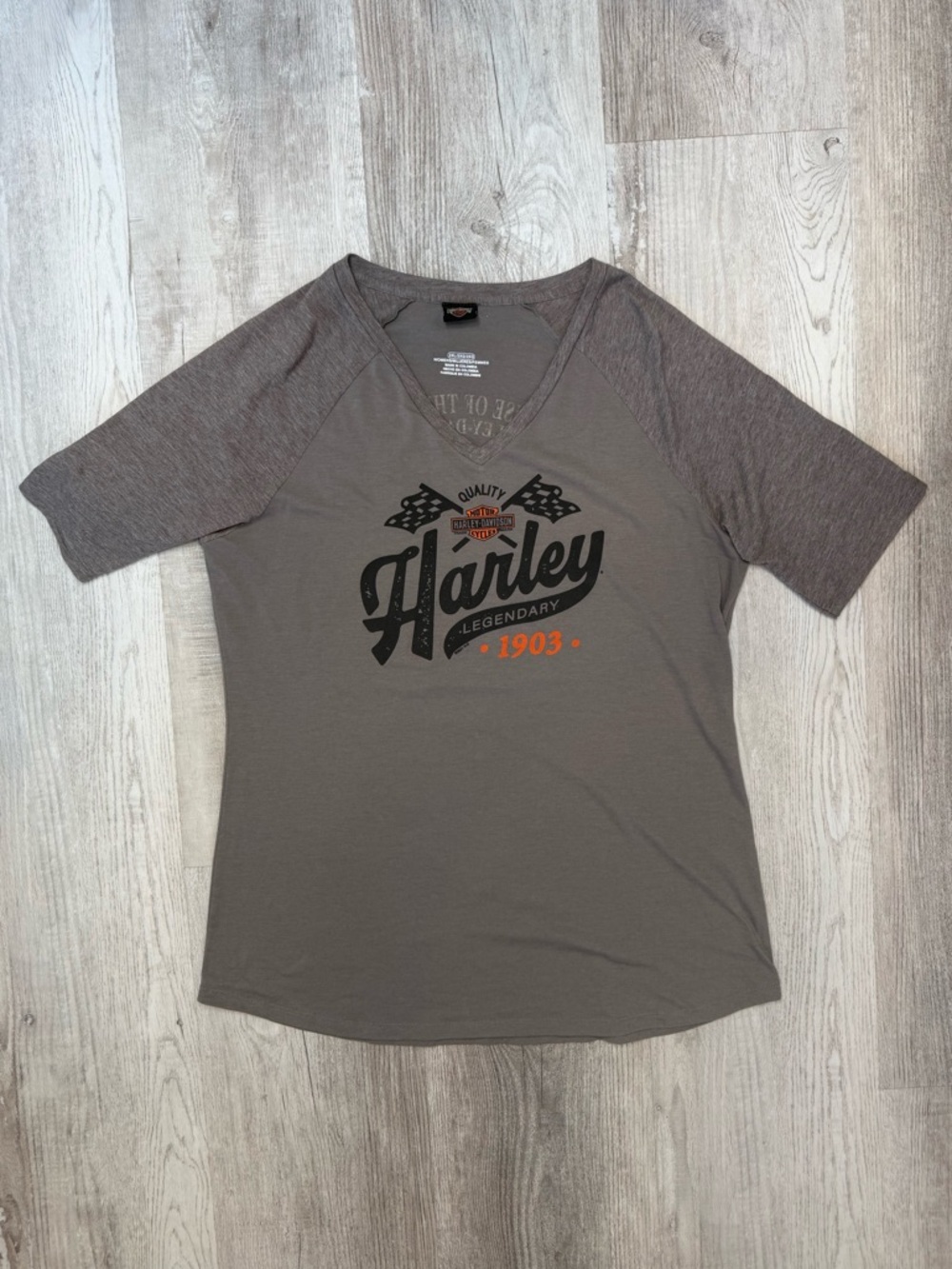 Harley-Davidson Women’s Gray Raglan V-Neck Short Sleeve 1903 Graphic Tee Size 2X